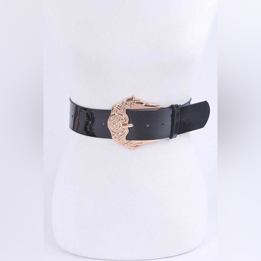 Plus Size Black & Gold Patent Leather Statement Belt